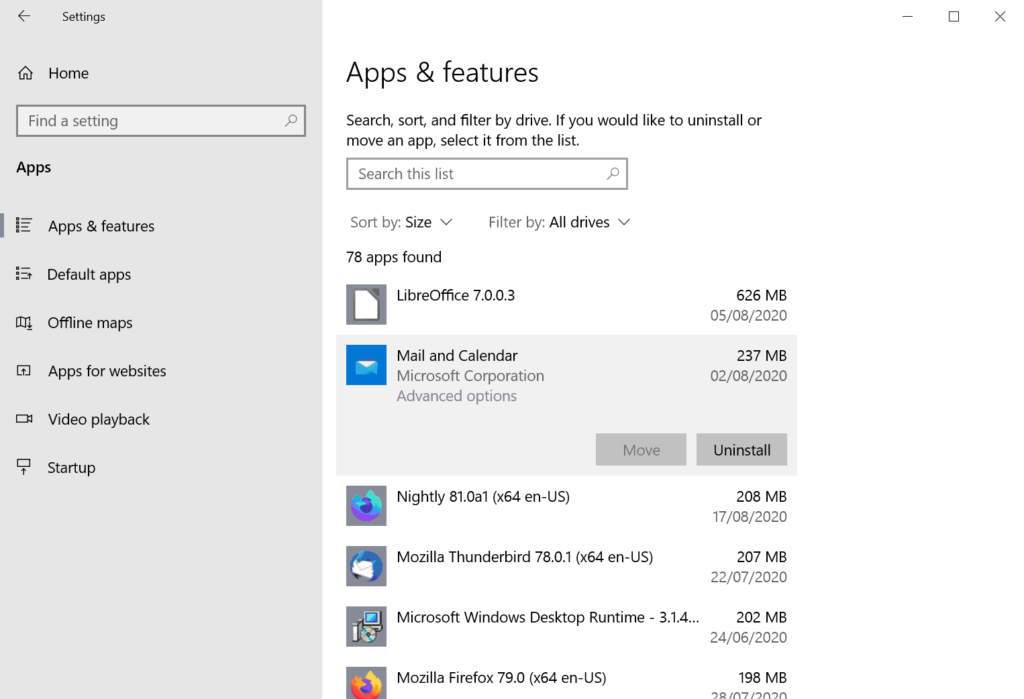 apps and features section in Windows